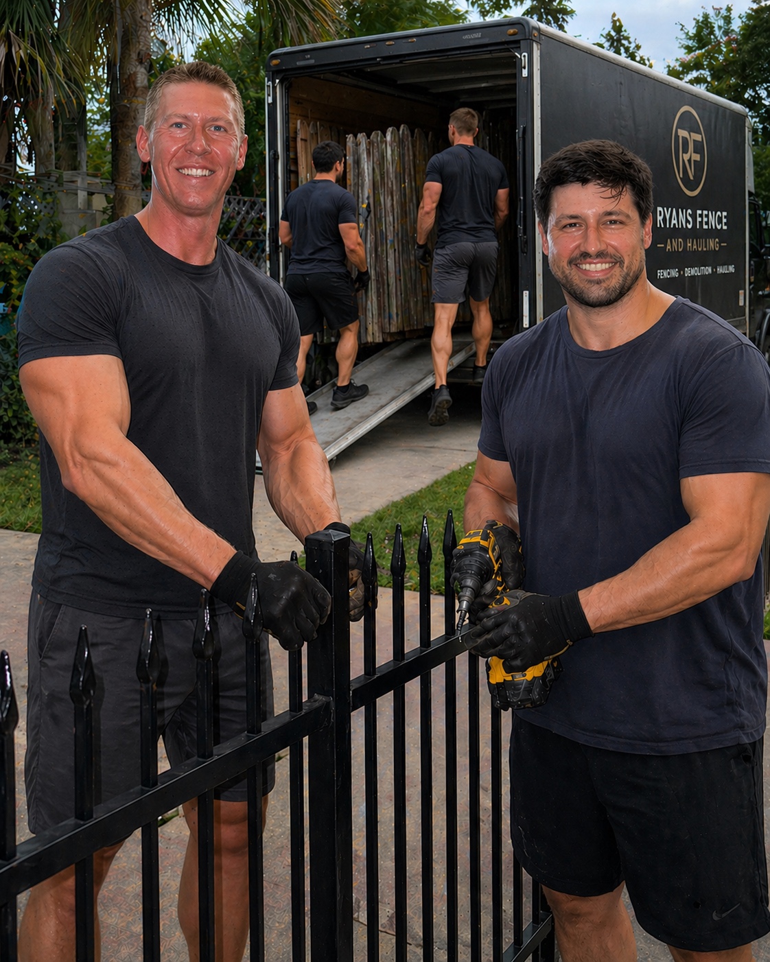 Ryan's crew installing a black fence with the truck hauling away an old wood fence and couch